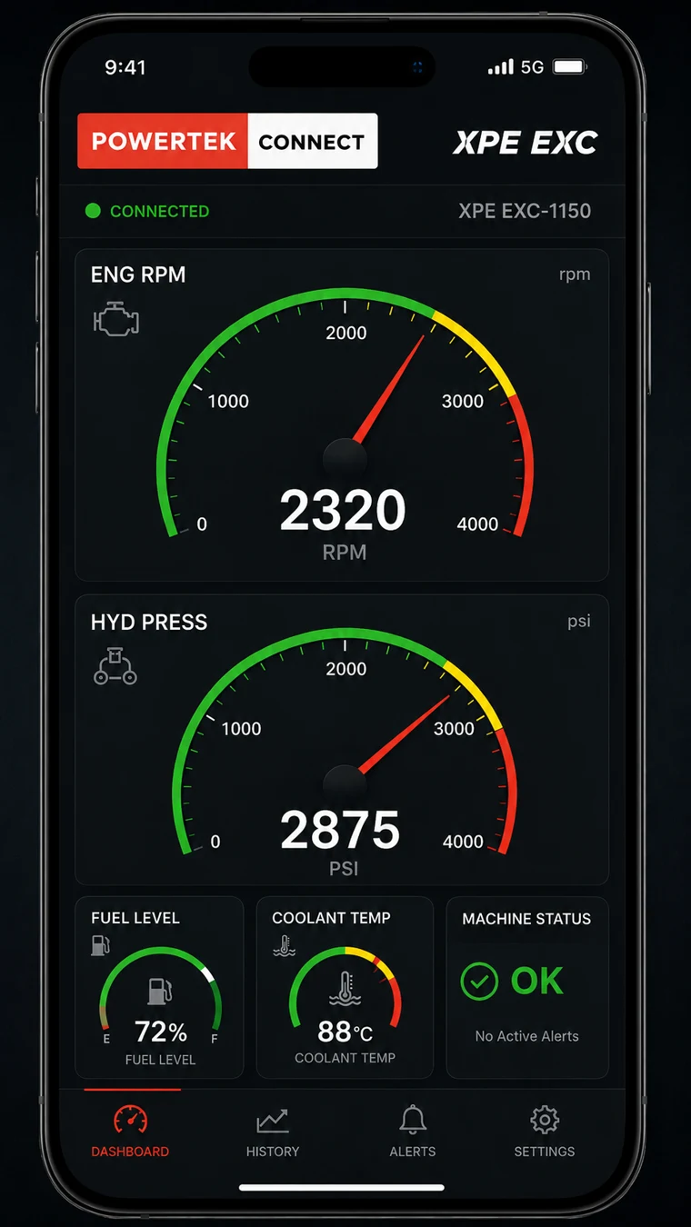 Powertek Connect mobile app on a phone showing live engine RPM, hydraulic pressure, fuel level, coolant temperature, and machine status for an XPE excavator